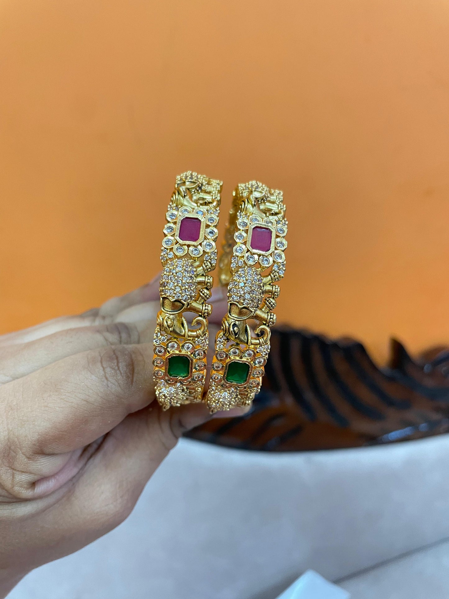 Gold plated Kemp stones elephant bangles