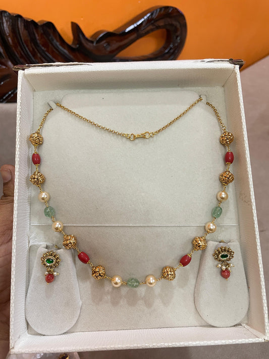 Handmade coral nakshi beads chain with earrings