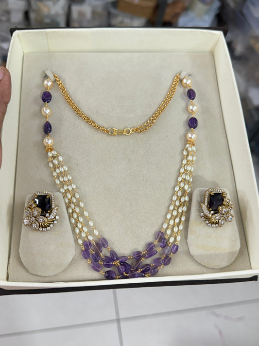 Elegant multilayer purple beads chain with earrings