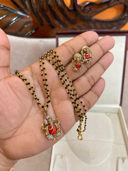 Divine ganesha pendant black beads chain 16 to 18 inches