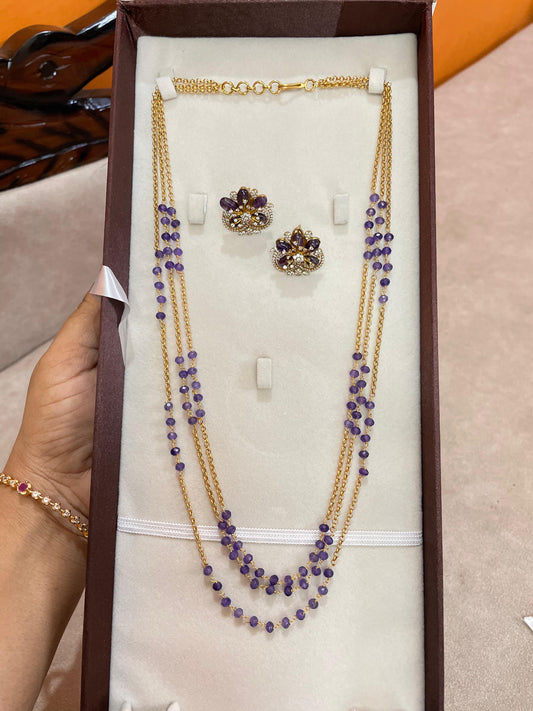 Triple layer purple beads chain 16 inches with floral stud