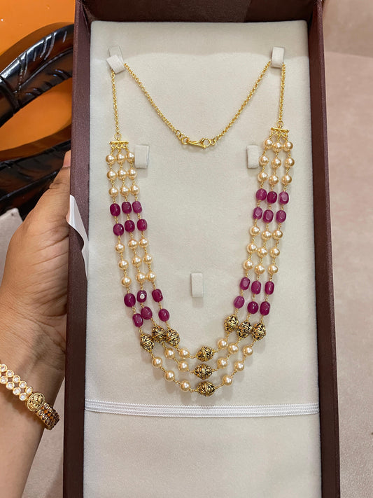 Triple layer pearl ruby beads chain 16 to 18 inches
