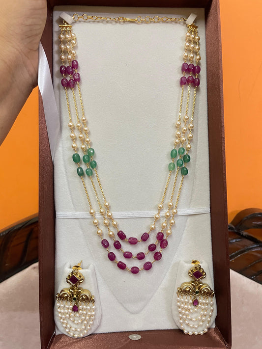 Triple layer beads chain with earrings