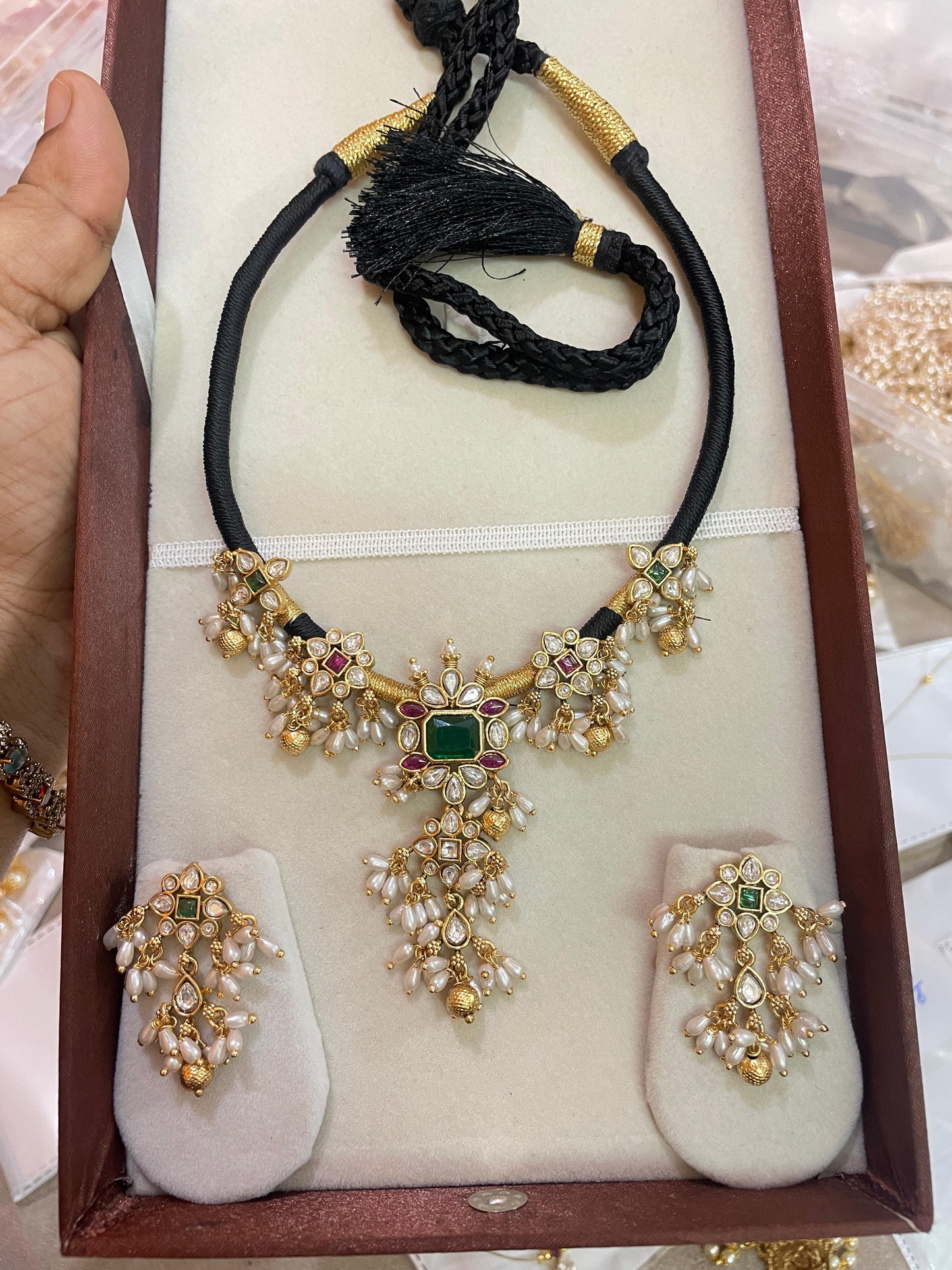 Gold replica guttapusalu black beads necklace set