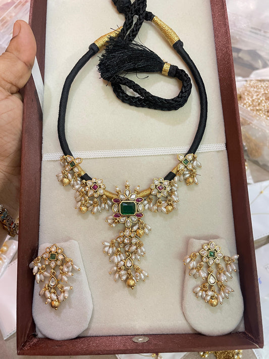 Gold replica guttapusalu black beads necklace set