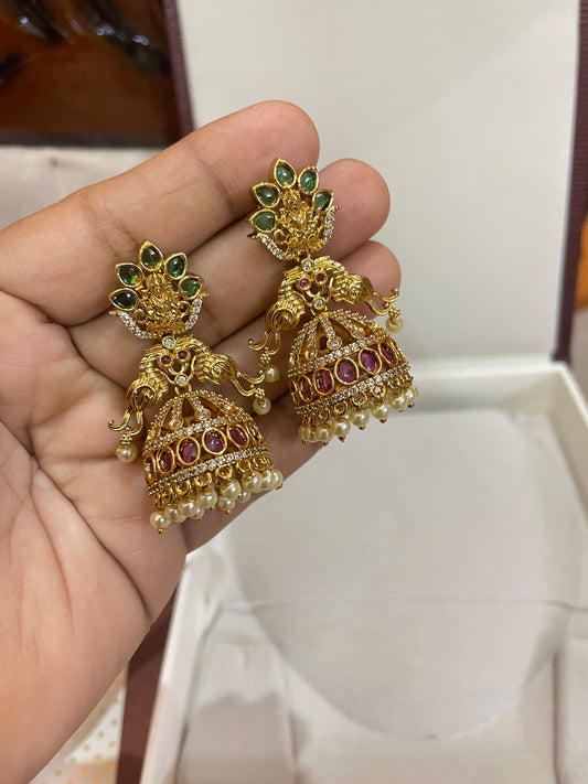 Antique peacock jhumka with pearl accents