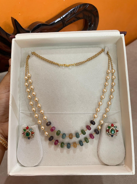 Elegant pearl multi colour beads chain with AD stone stud