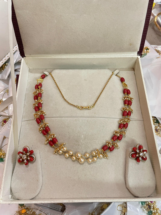 Coral pearl dual layer chain with floral stud
