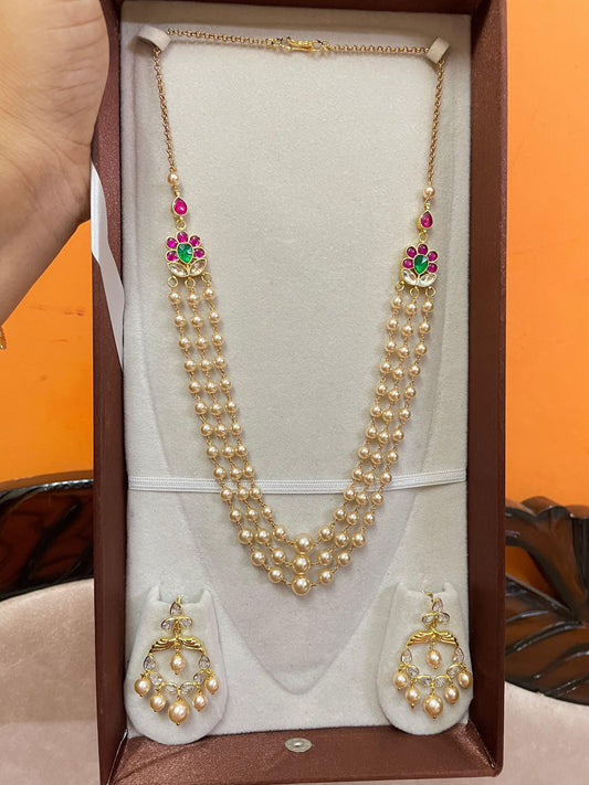Elegant triple layer Swarovski pearls with earrings 18inches