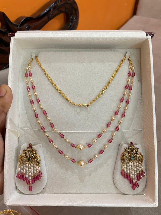 Ruby dual layer beads chain with peacock earrings