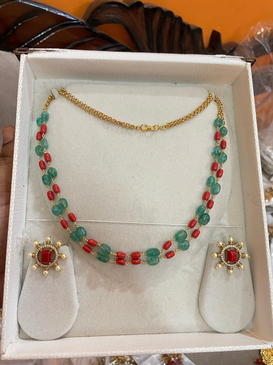 Handmade emerald coral beads chain with earrings