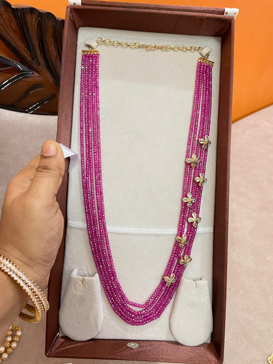 Multilayer rani pink crystal beads haram 24inches
