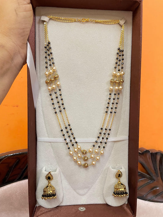 Triple layer black beads chain with jhumka