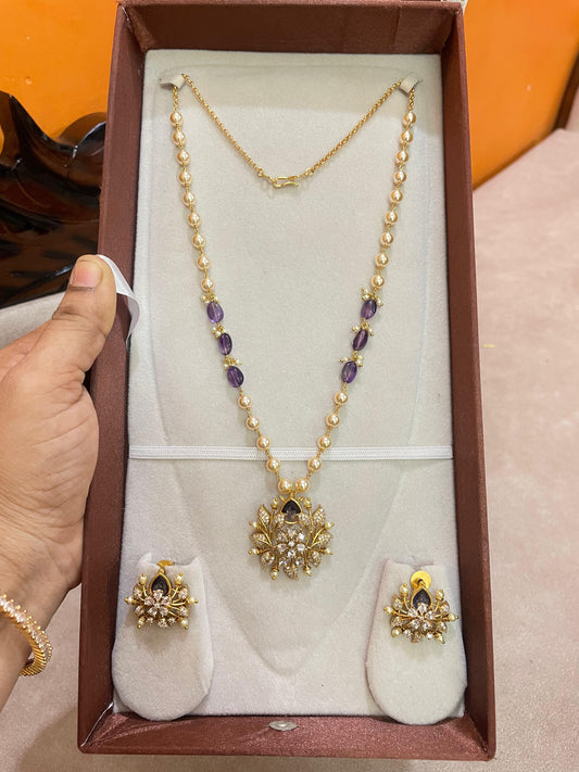 Handmade pearl chain with purple accents 16 to 18 inches