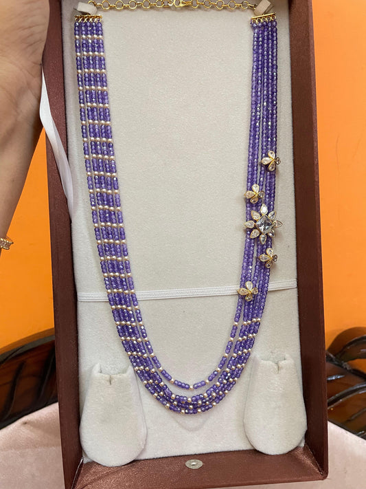 Elegant multilayer purple beads with floral accents 24inches