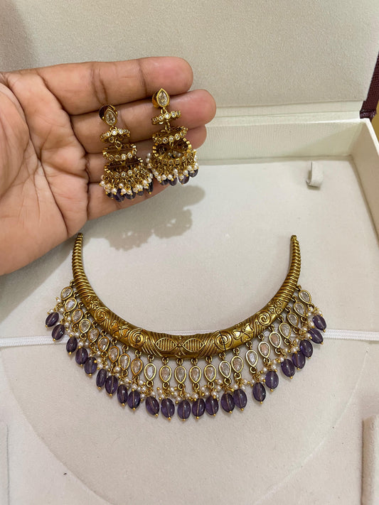 Royal purple beads gold nakshi Kanti necklace set
