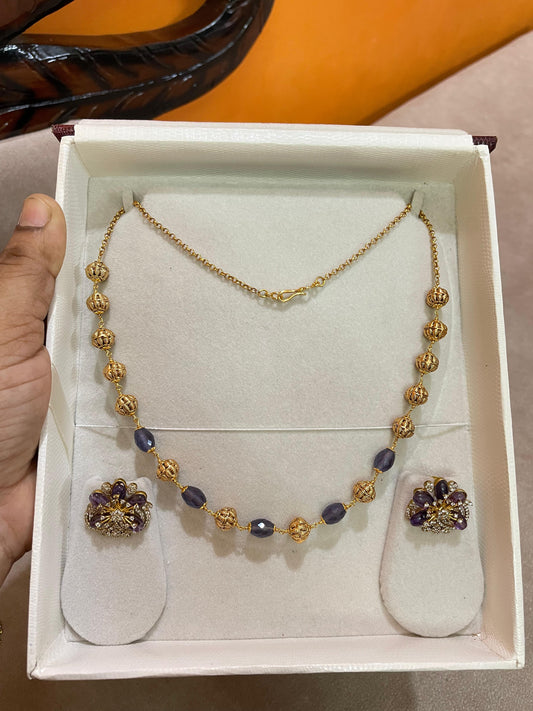 Amethyst beads nakshi chain with designer stud earrings