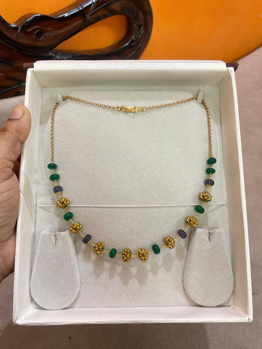 Elegant floral accents nakshi chain with purple and green beads