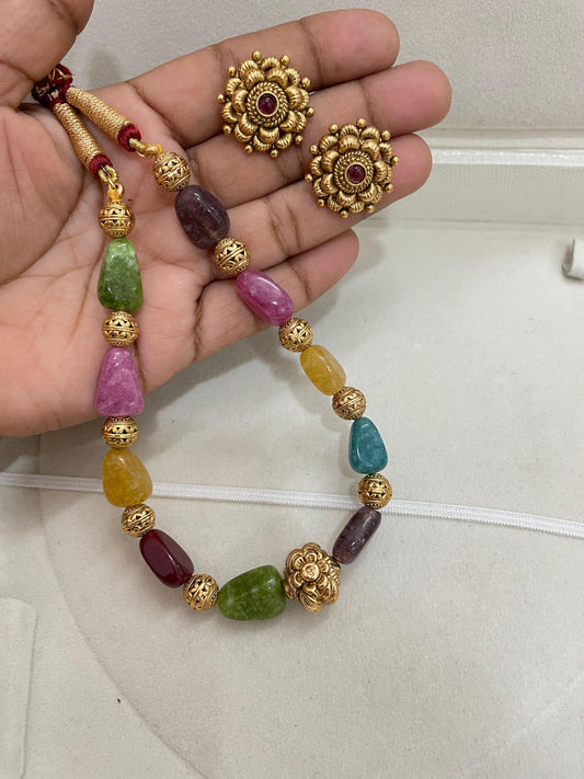 Multicolour beads chain with antique floral stud