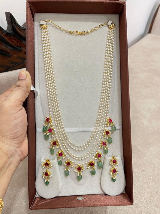 Ruby emerald pearl haram with strawberry beads accents