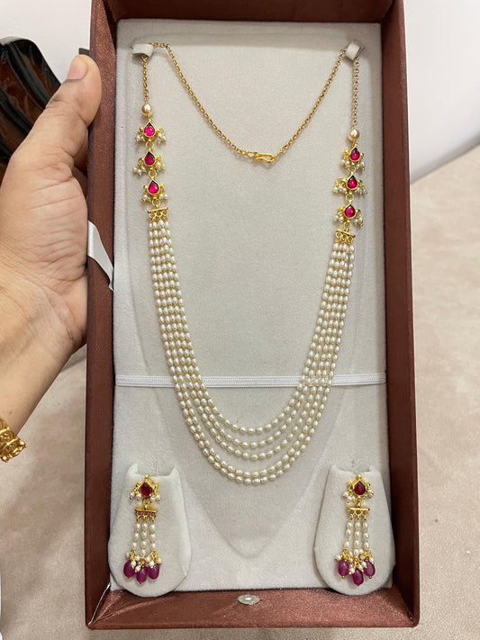 Ruby layered pearl chain with earrings
