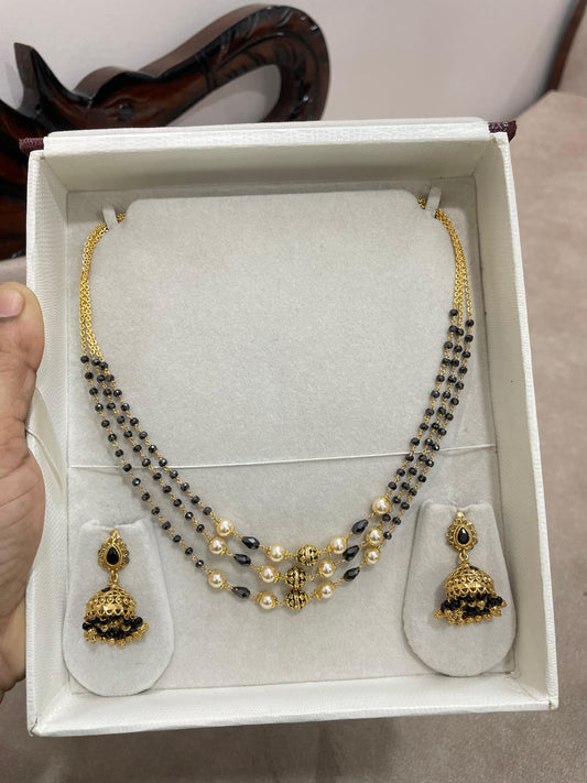 Classic 3 layer black beads chain with jhumka
