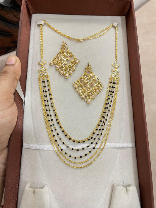 Elegant gold replica black beads layered chain with dangle earrings