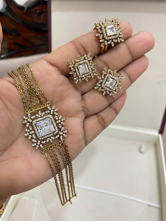 Radiant square cz stone chokerset with adjustable ring