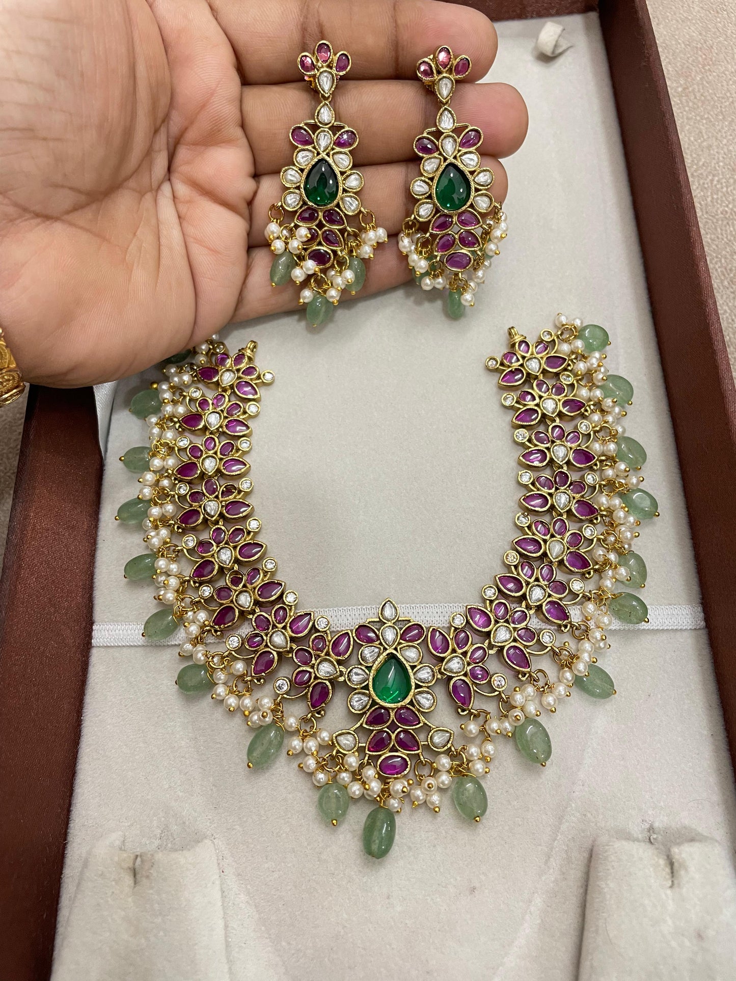 Jadau kundan Kemp stones necklace set with strawberry beads