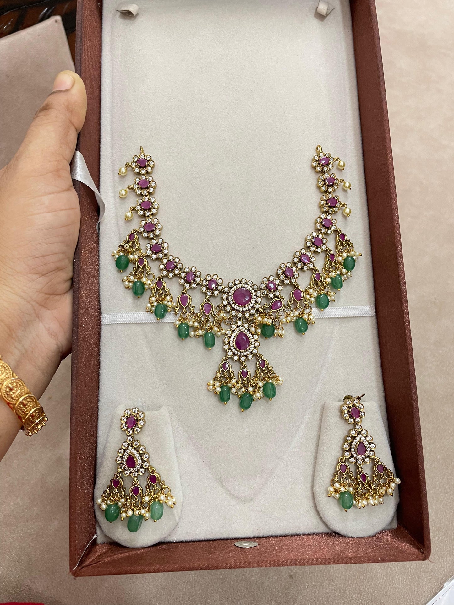 Regal Ruby emerald beads jadau AD stones necklace set