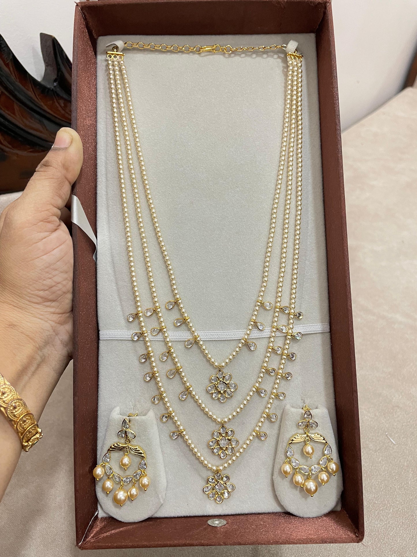 Three layer polki droplets Swarovski pearls haram with polki dangle earrings