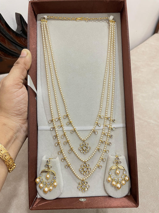 Three layer polki droplets Swarovski pearls haram with polki dangle earrings