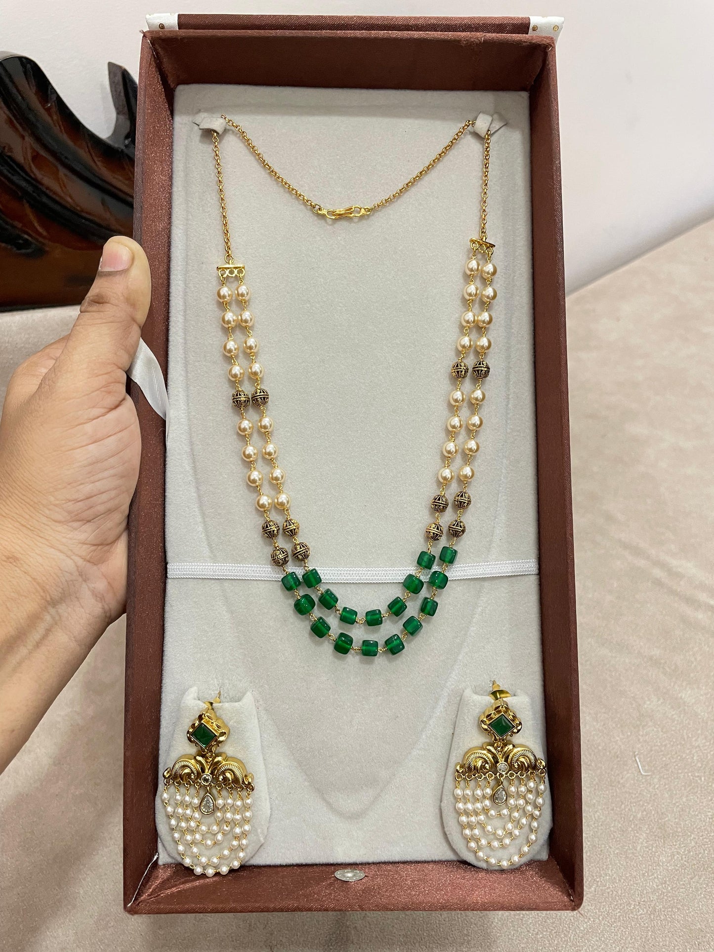 Emerald beads Swarovski pearls chain 16 to 18 inches with earrings