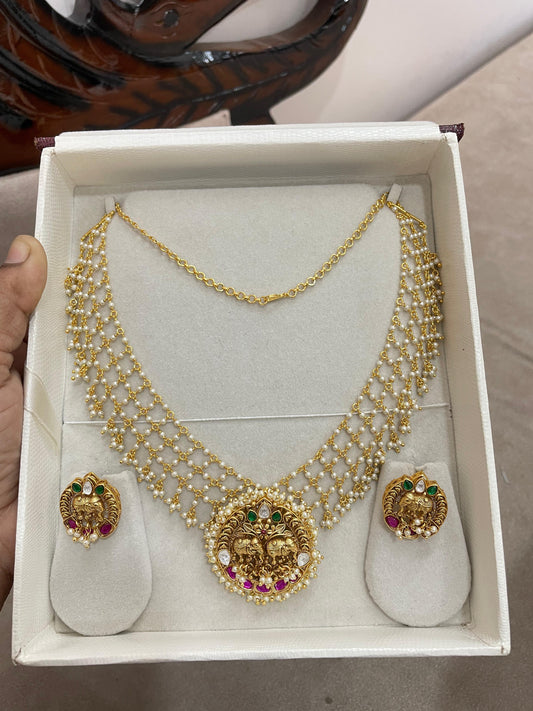 Pearl zali chain with elephant motif gold antique finish pendant set