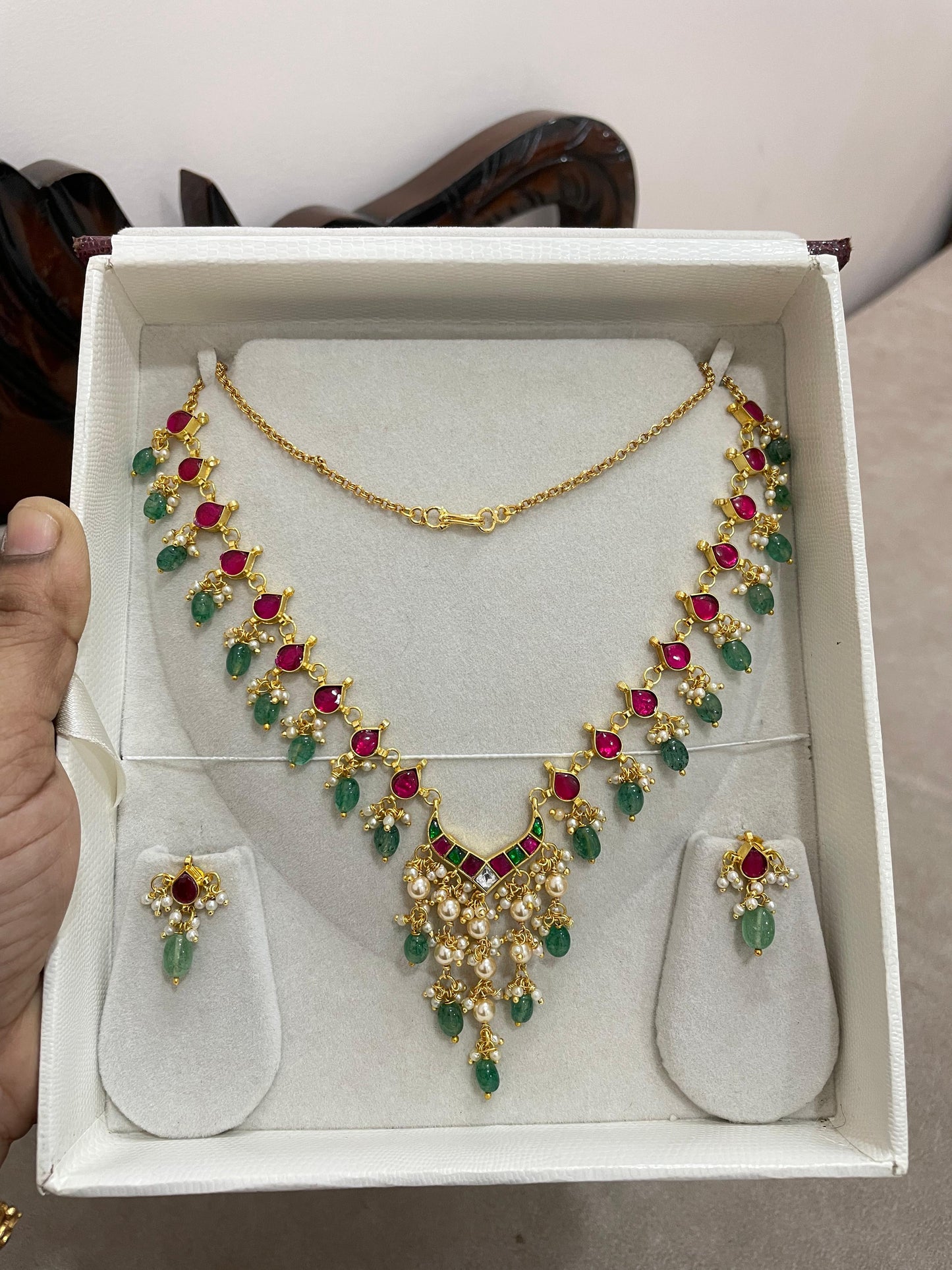 Regal Ruby emerald pearl drop necklace set