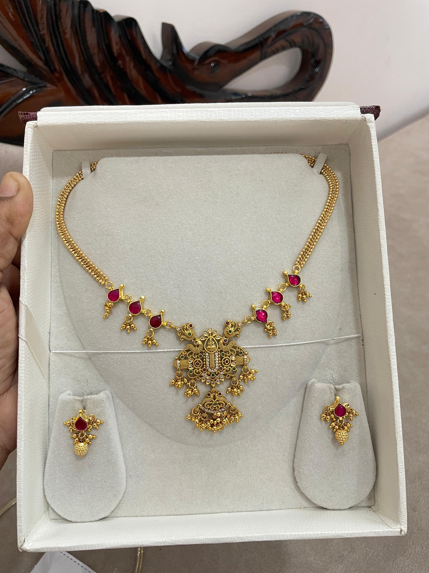 Temple charm ruby peacock necklace set