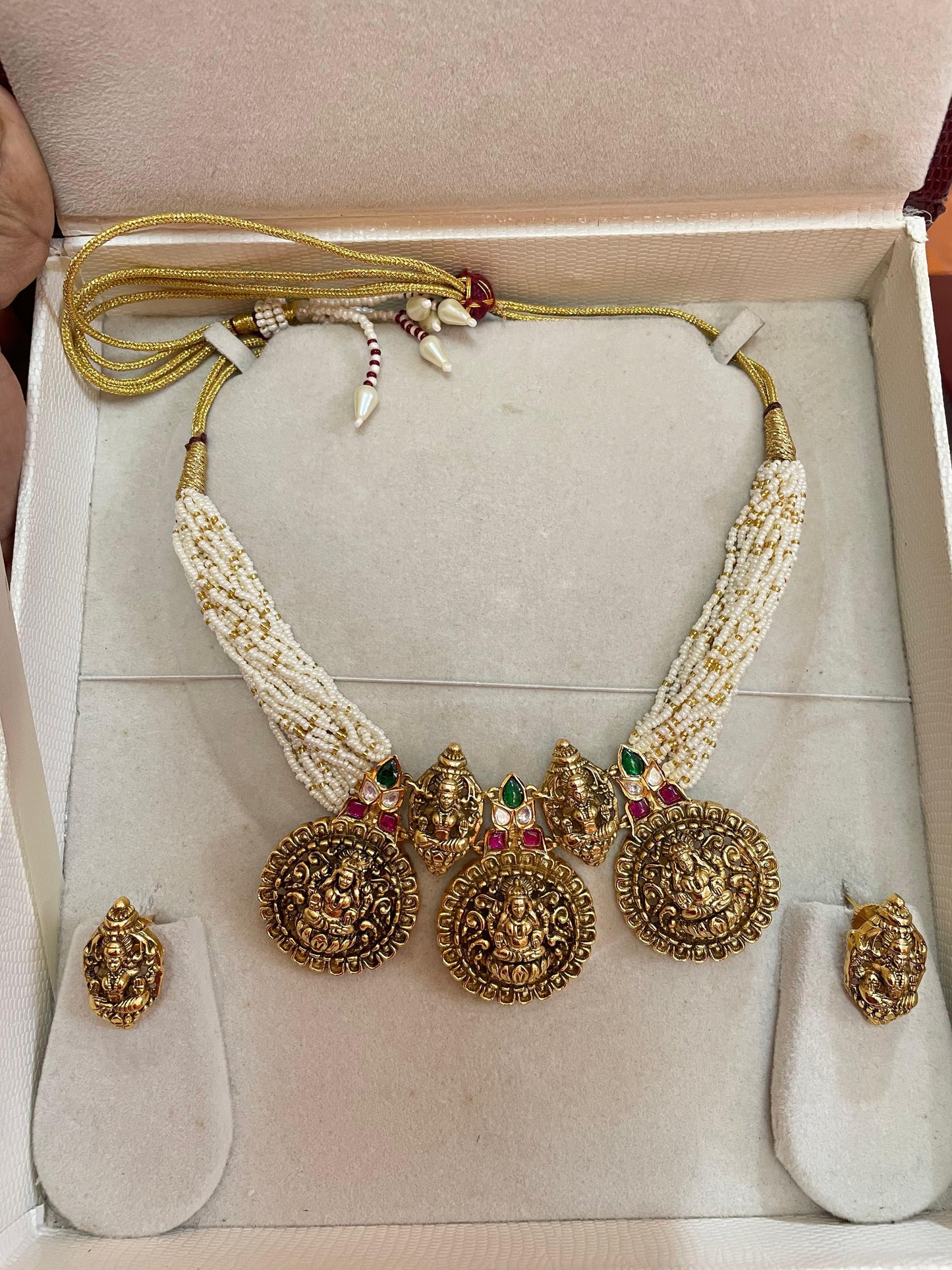 Antique pearl beaded lakshmi necklace set