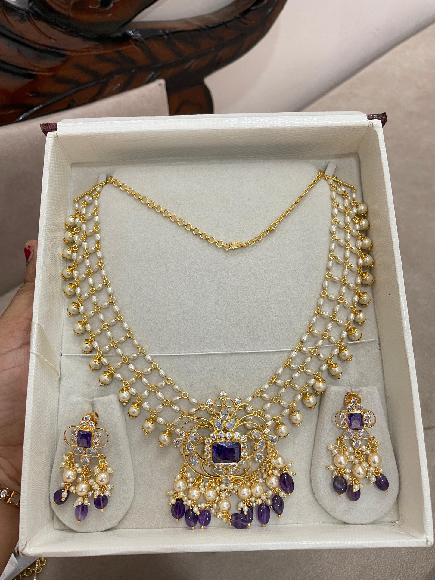 Amethyst cz gold replica locket with pearl zali chain