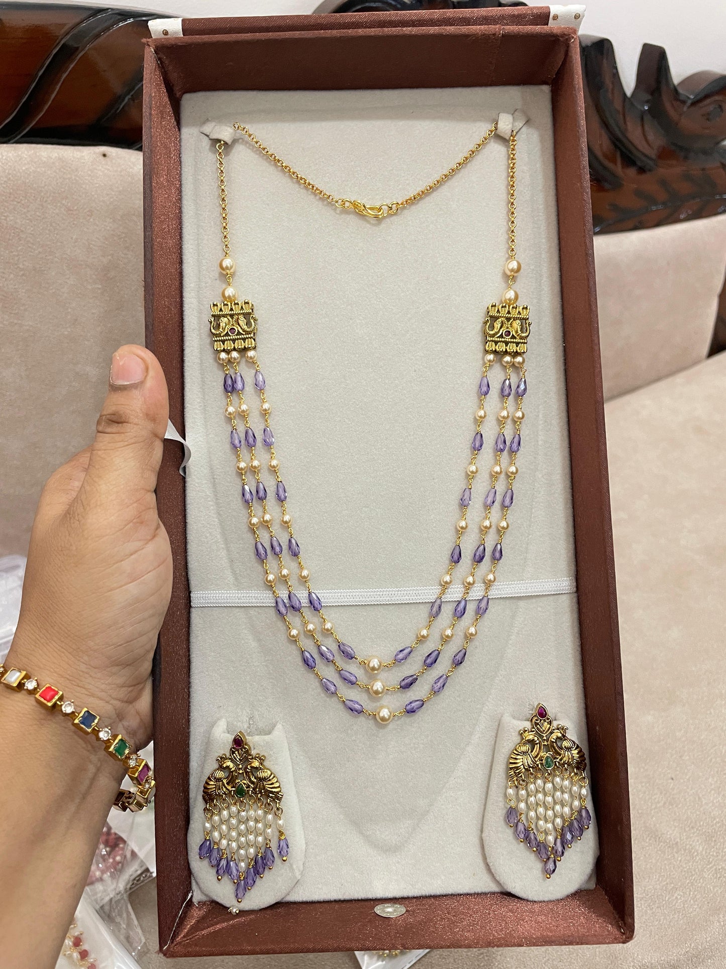 Classic pearl lavender beads chain with earrings