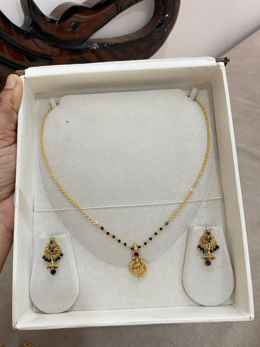 Classic Lakshmi coin black beads chain with south screw earrings