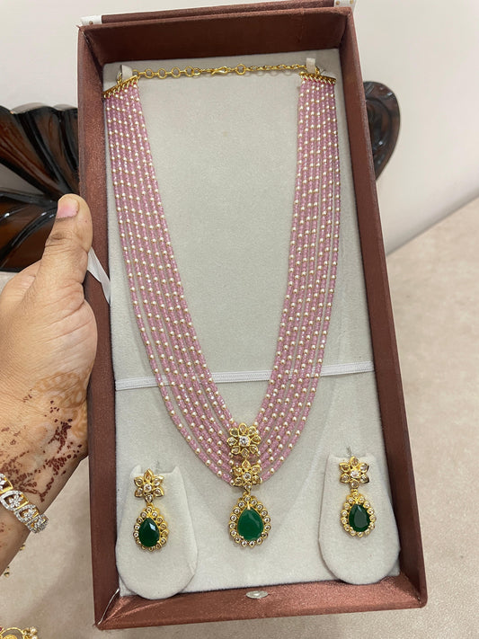 Royal pink beads haram with CZ emerald haram