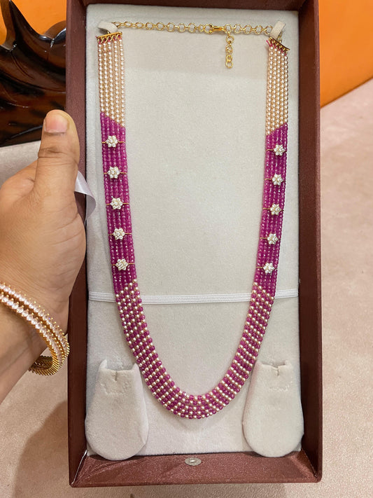Rani Pink Beads Pearl haram with cz accents