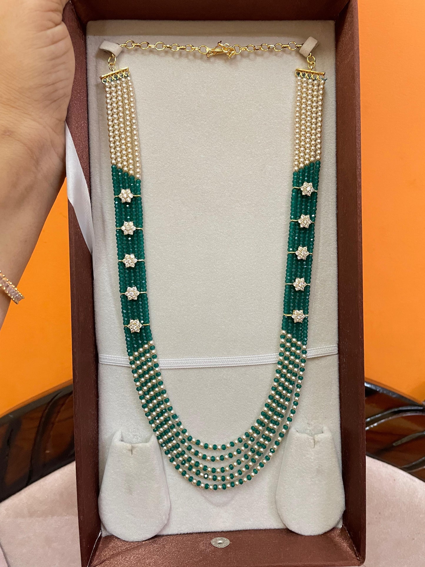 Handcrafted Emerald Green Beads haram with cz accents