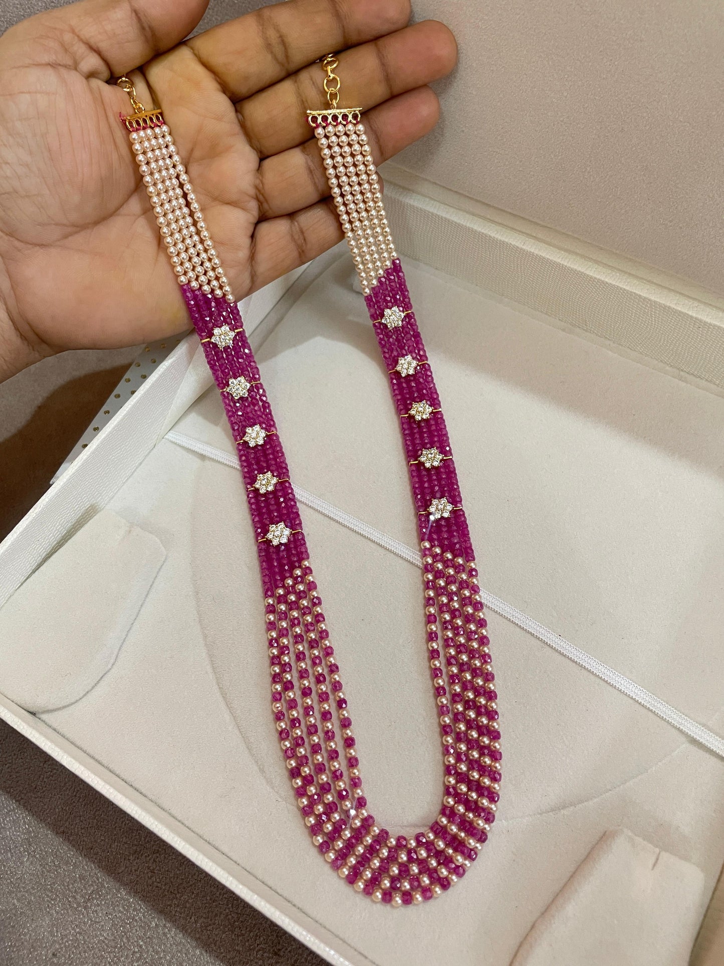 Rani Pink Beads Pearl haram with cz accents