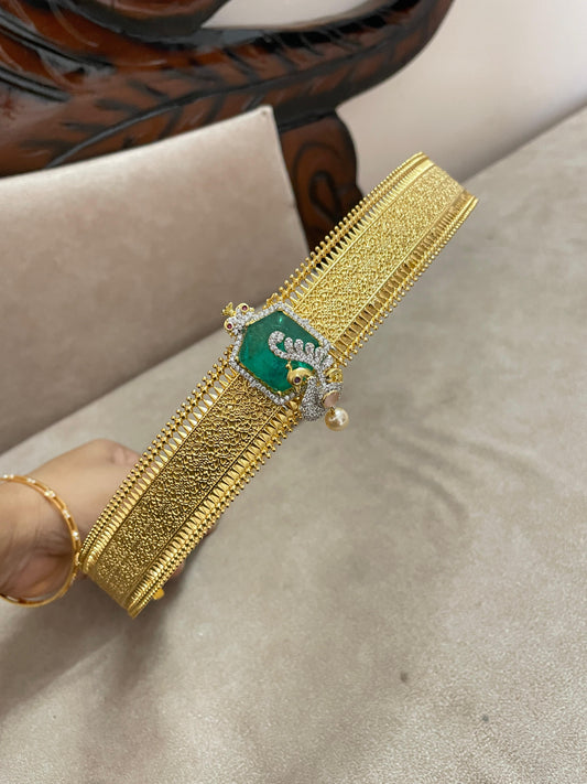 Gold antique finish hipbelt with emerald stones Accents upto 42inches