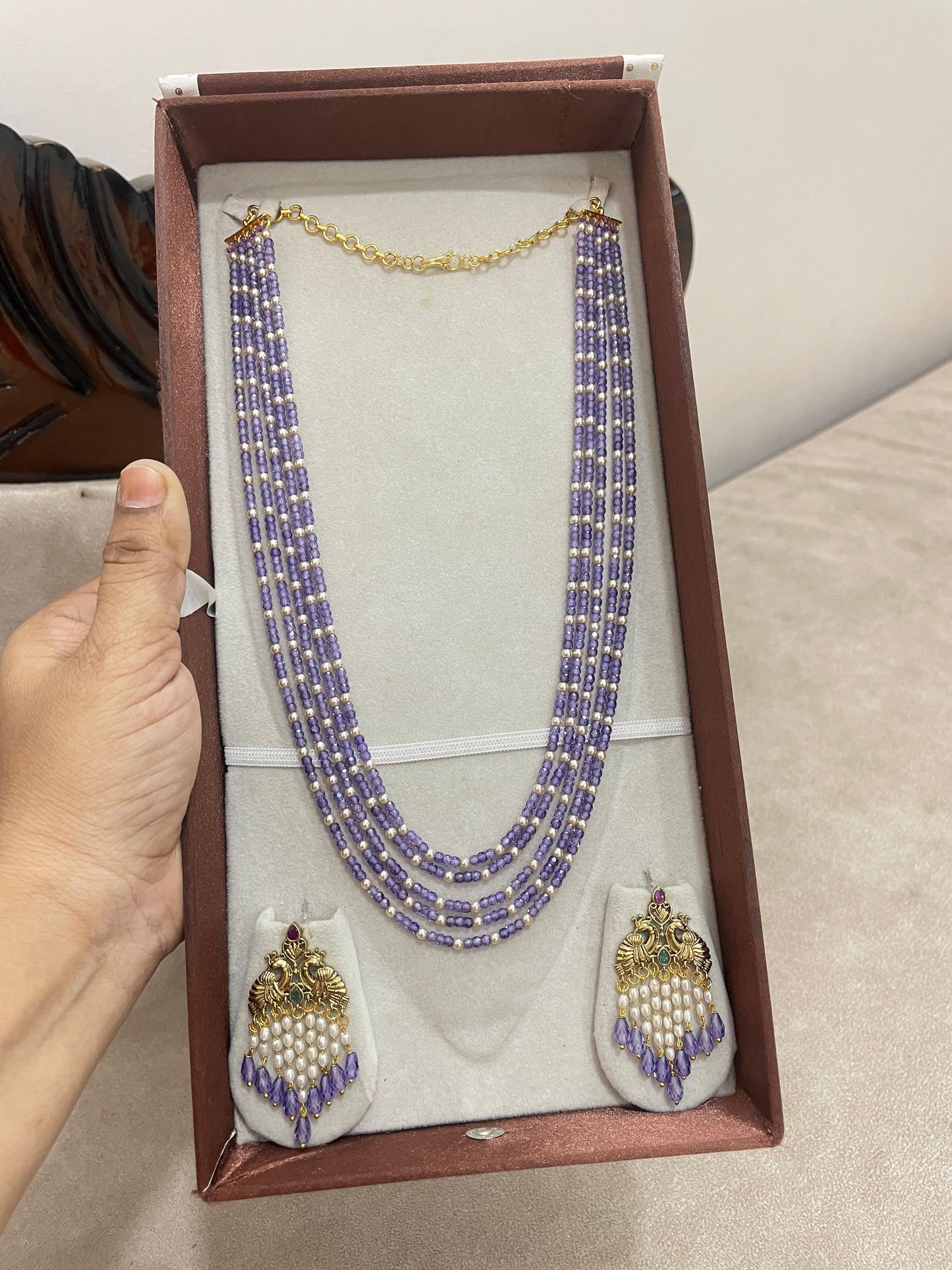 Festive Lavender natural Beads haram with earrings