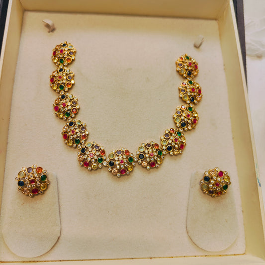 Cz stone navaratna necklace set premium quality gold replica design