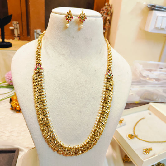 Antique lakshmi coin haram with ruby accents