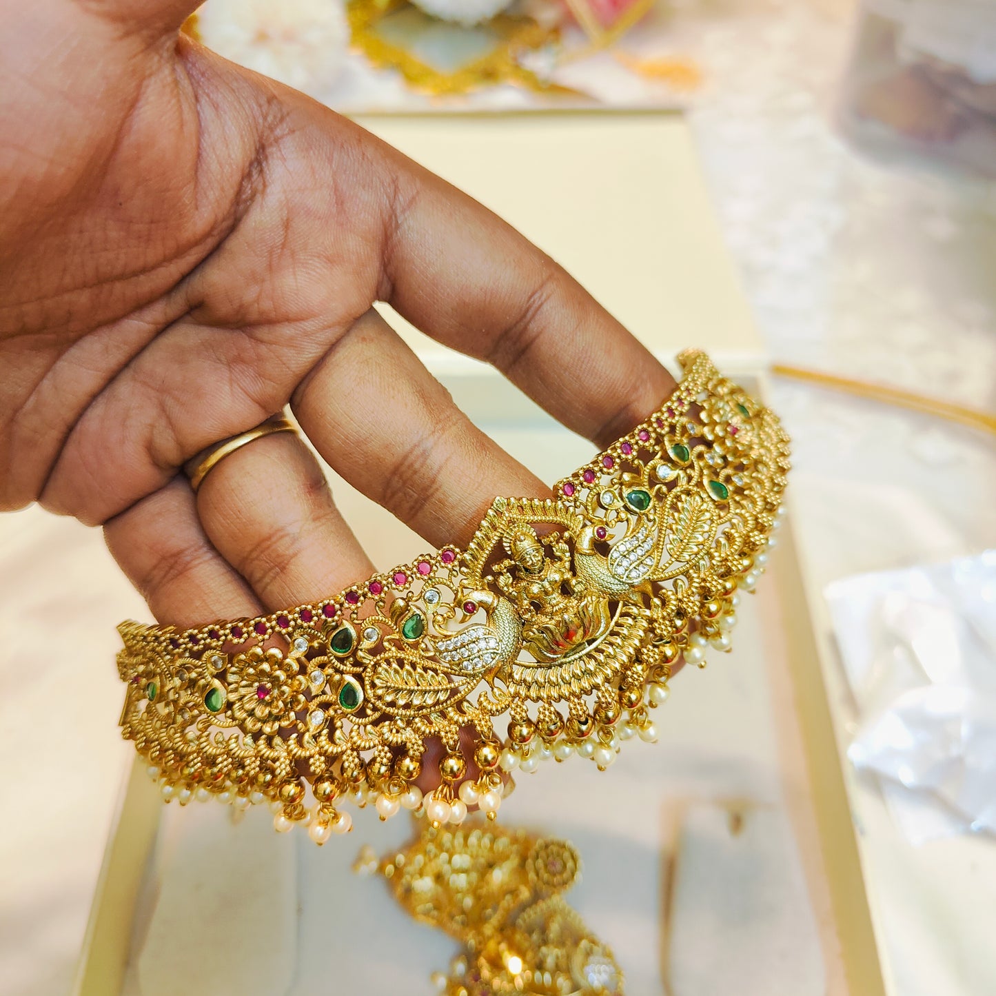 Gold antique finish cz stone guttapusalu choker set
