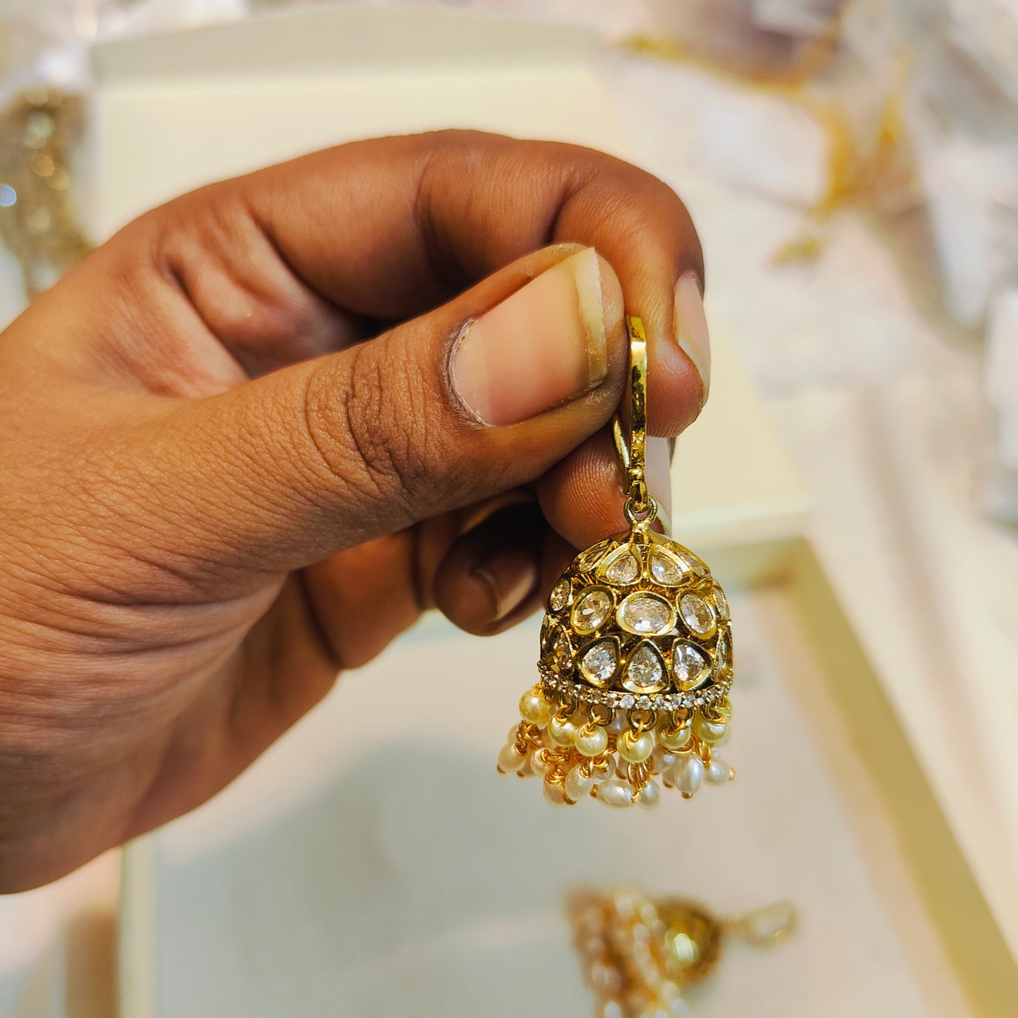 Uncut polki stone hook pearl jhumka